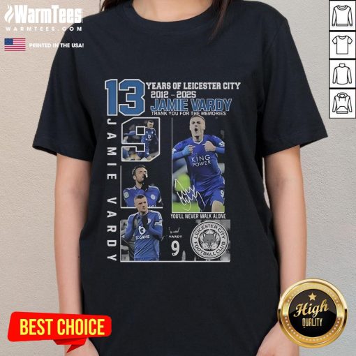 Leicester City 2012-2025 tribute tee featuring Jamie Vardy, celebrating 13 years of unforgettable moments.