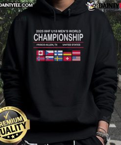 Alt Text: Good 2025 IIHF U18 Men's World Championship hoodie featuring team colors and logo, perfect for young hockey fans.
