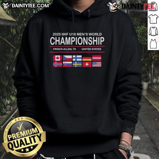 Alt Text: Good 2025 IIHF U18 Men's World Championship hoodie featuring team colors and logo, perfect for young hockey fans.
