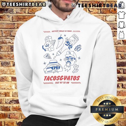 Good American Socks hoodie featuring Tacos Vatos logo, known for the hottest chili in town, perfect for food lovers.