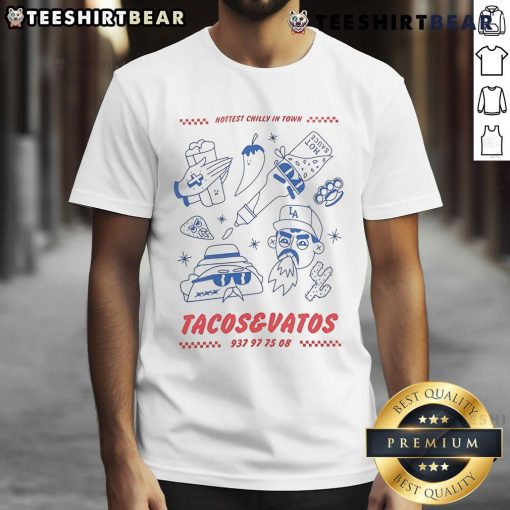Alt Text: Good American Socks Tacos & Vatos hottest chilli in town t-shirt featuring vibrant graphics and bold text design.