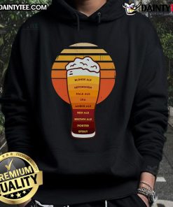 Good beer diversity showcased in a glass with foam, featuring retro beer types on a stylish hoodie.