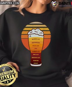 Good beer diversity in a glass with foam, featuring retro beer types on a stylish sweatshirt.