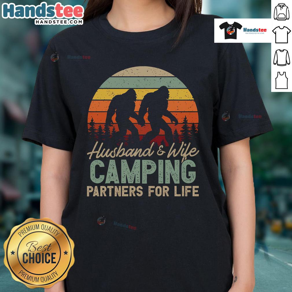 Good Bigfoot Camping Husband And Wife Partners For Life Ladies Tee Good Bigfoot Camping husband and wife partners for life tee shirt design featuring a playful Bigfoot graphic.