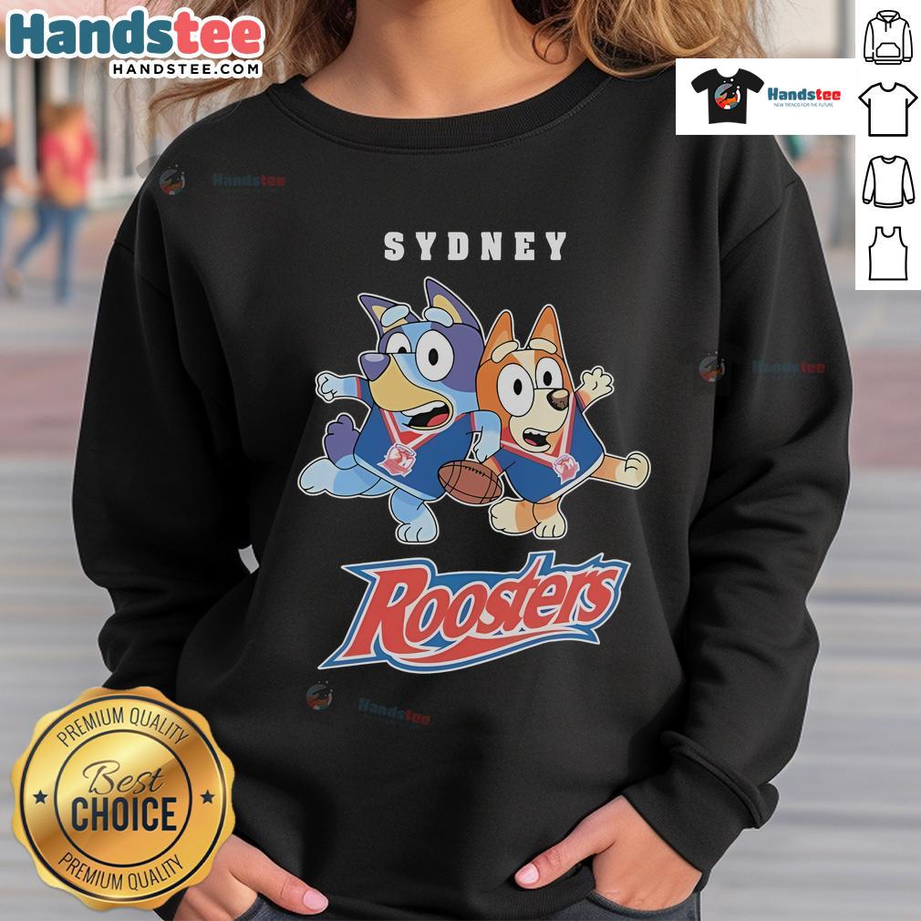 Good Bluey X Sydney Roosters Sweatshirt Good Bluey X Sydney Roosters sweatshirt featuring vibrant colors and sporty design, perfect for fans and casual wear.