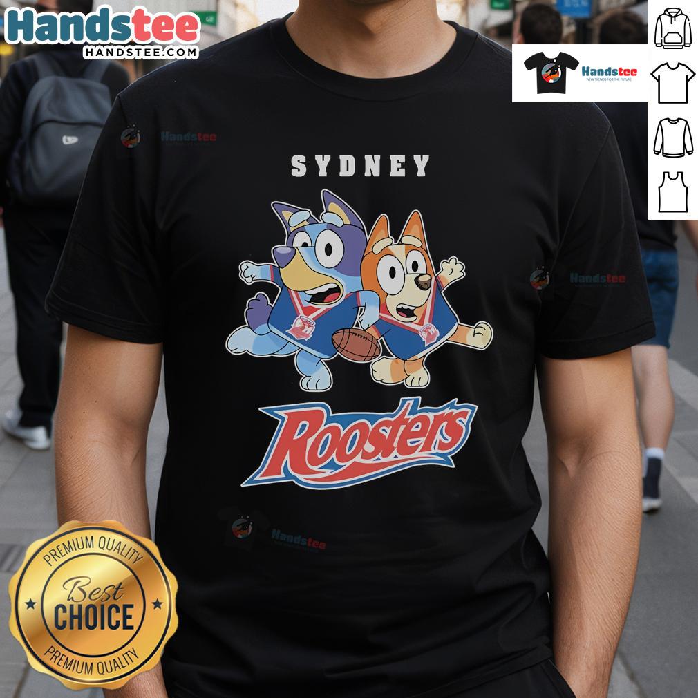 Good Bluey X Sydney Roosters T Shirt Alt Text: Good Bluey X Sydney Roosters T-Shirt featuring vibrant graphics and a comfortable fit for fans and kids.