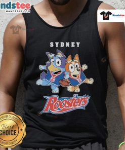 Alt Text: Stylish Good Bluey X Sydney Roosters tank top featuring vibrant colors and sporty design for fans.