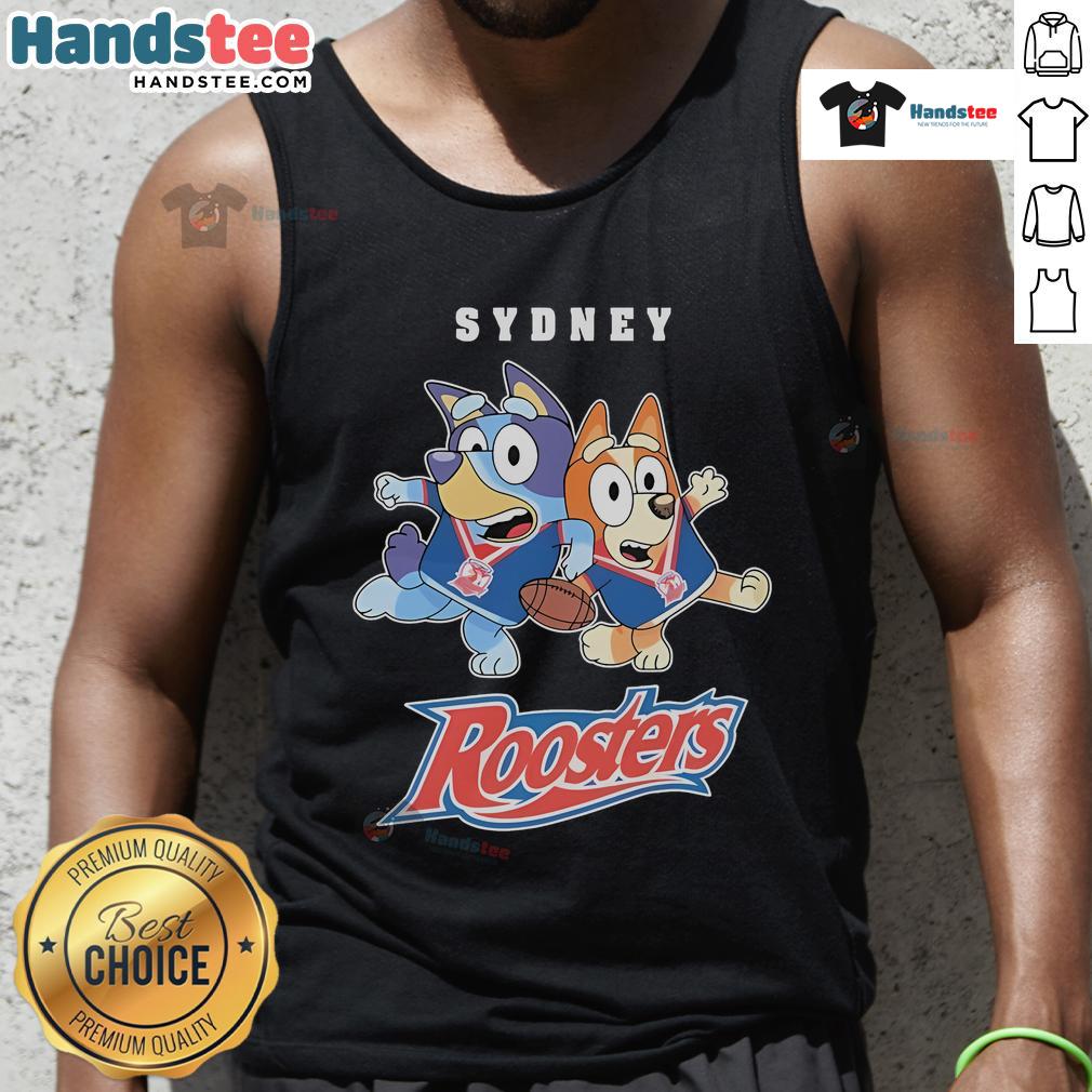 Good Bluey X Sydney Roosters Tank Top Alt Text: Stylish Good Bluey X Sydney Roosters tank top featuring vibrant colors and sporty design for fans.