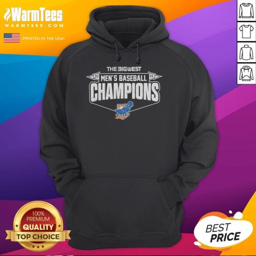 Alt Text: California State Fullerton Titans 2025 Big West Conference Baseball Champions hoodie in locker room setting.
