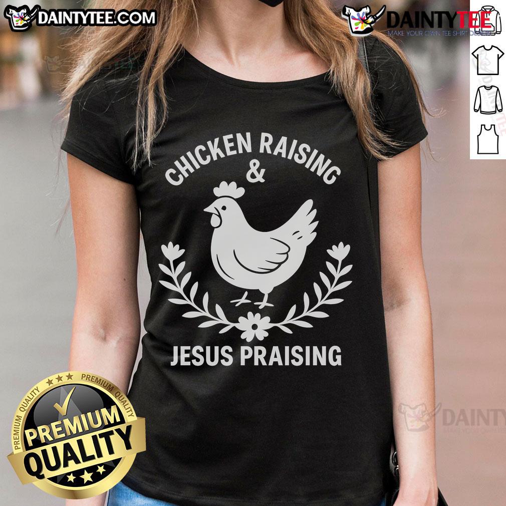 Good Chicken Raising & Jesus Praising Ladies Tee Good Chicken Raising Jesus Praising Ladies Tee featuring vibrant graphics of chickens and faith-inspired designs.