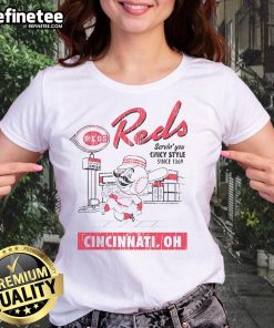 Good Cincinnati Reds Deli serving Cincy style since 1869 on a ladies tee, showcasing team pride and local flavor.