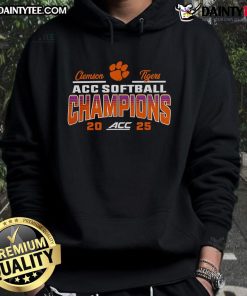 Alt Text: Clemson Tigers 2025 ACC Softball Tournament Champions hoodie featuring team colors and logo design.