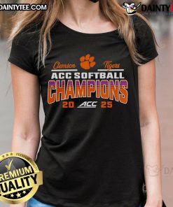 Good Clemson Tigers 2025 ACC Softball Tournament Champions Ladies Tee showcasing team pride and victory in vibrant colors.
