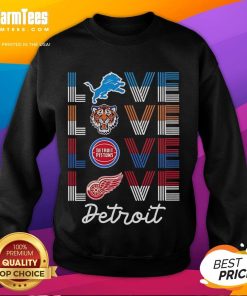 Cozy sweatshirt featuring Detroit sports team logos: Lions, Tigers, Pistons, and Red Wings, perfect for fans.