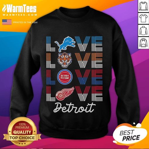 Cozy sweatshirt featuring Detroit sports team logos: Lions, Tigers, Pistons, and Red Wings, perfect for fans.