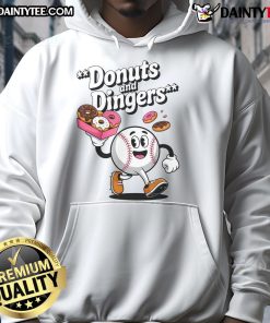 Good Donuts And Dingers baseball fan humor hoodie featuring a playful donut and baseball graphic, perfect for sports enthusiasts.