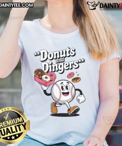 Good Donuts and Dingers baseball fan humor tee featuring donut ladies, perfect for baseball enthusiasts and donut lovers.