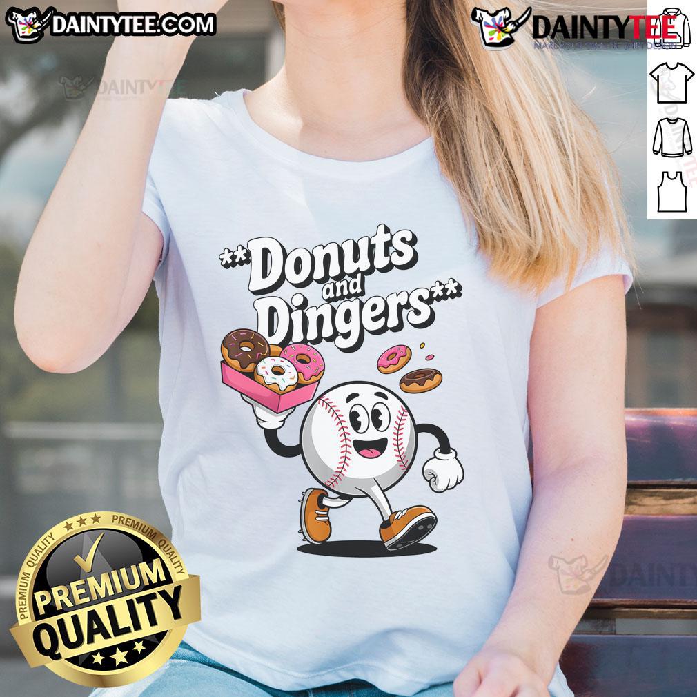 Good Donuts And Dingers Baseball Fan Humor Donut Ladies Tee Good Donuts and Dingers baseball fan humor tee featuring donut ladies, perfect for baseball enthusiasts and donut lovers.