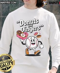 Funny sweatshirt featuring 'Good Donuts and Dingers' baseball fan humor, perfect for donut lovers and sports enthusiasts.
