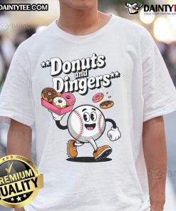 Good Donuts And Dingers baseball fan humor T-shirt featuring a fun donut design for baseball lovers.