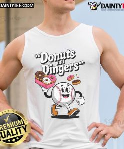 Funny baseball fan donut tank top featuring 'Good Donuts and Dingers' slogan, perfect for sports and dessert lovers.