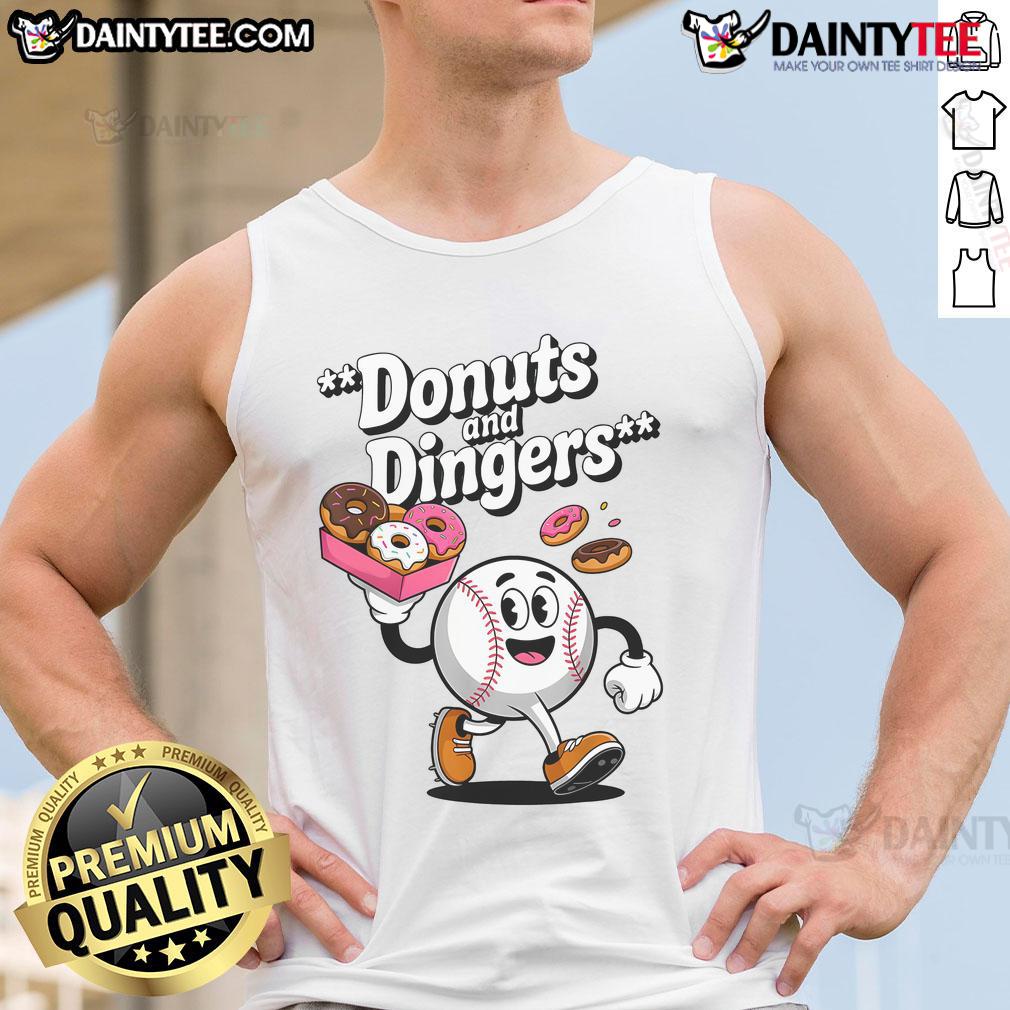 Good Donuts And Dingers Baseball Fan Humor Donut Tank Top Funny baseball fan donut tank top featuring 'Good Donuts and Dingers' slogan, perfect for sports and dessert lovers.