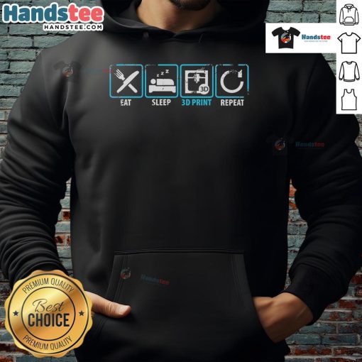 Good Eat Sleep 3D Print Repeat hoodie featuring colorful filament graphics for 3D printer enthusiasts.