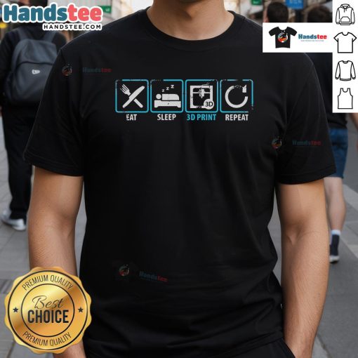 Good Eat Sleep 3D Print Repeat T-Shirt featuring a colorful graphic for 3D printing enthusiasts.