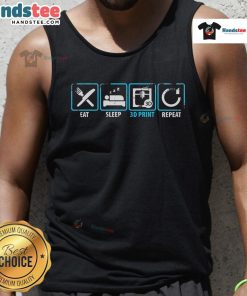 Good Eat Sleep 3D Print Repeat tank top featuring vibrant filament design for 3D printer enthusiasts.