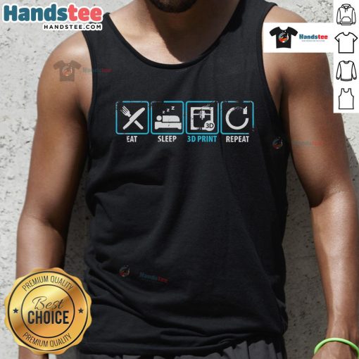 Good Eat Sleep 3D Print Repeat tank top featuring vibrant filament design for 3D printer enthusiasts.