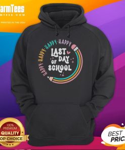 Happy student wearing a 'Good Happy Last Day of School' hoodie, celebrating graduation and summer break.