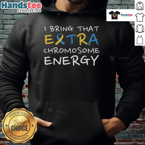Person wearing a 'Extra Chromosome Energy' hoodie for Down Syndrome awareness, showcasing vibrant design and support.