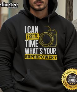 Person in a hoodie with a camera, captioned 'Good, I Can Freeze Time, What's Your Superpower?' showcasing photography skills.