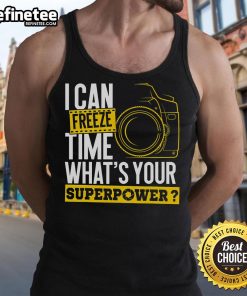 Model wearing 'Good I Can Freeze Time' tank top, showcasing photographer abilities and creativity outdoors.