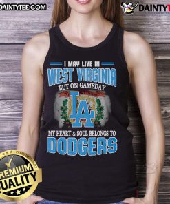 West Virginia gameday tank top featuring Dodgers logo, showcasing team spirit and pride for Los Angeles baseball.