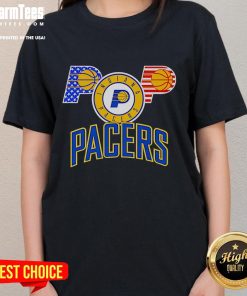 Alt Text: Ladies tee featuring the Indiana Pacers logo with an American flag design, perfect for fans and casual wear.