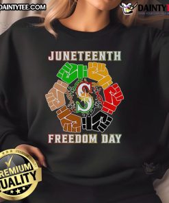 Good Juneteenth Freedom Day Seattle Seahawks sweatshirt featuring bold graphics and festive colors for celebration.