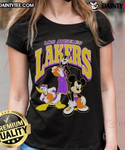 LA Ladies Tee featuring Good Lakers Disney Mickey Squad design, perfect for fans of basketball and Disney. Stylish and fun!