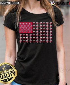 Stylish Minnesota Twins ladies tee featuring the team's logo and an American flag design, perfect for fans.