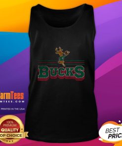 Milwaukee Bucks fan wearing a stylish banner tank top, showcasing team spirit and support for the NBA team.