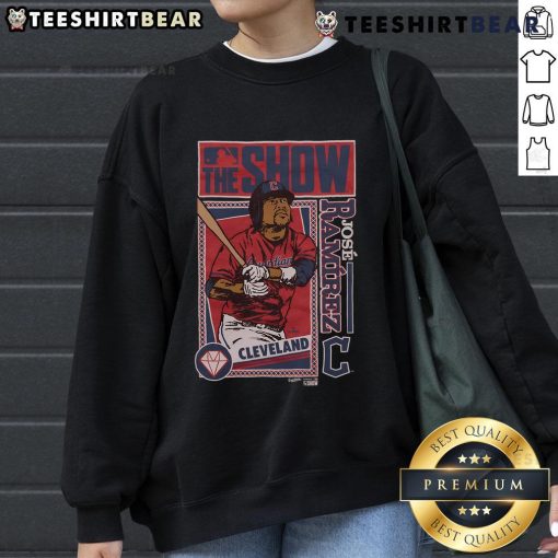 Jose Ramirez sweatshirt from MLB The Show, featuring the Guardians logo, perfect for baseball fans and gamers.