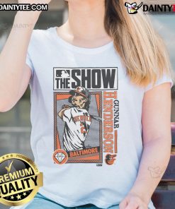 Alt Text: Gunnar Henderson Ladies Tee featuring Baltimore Orioles design in MLB The Show style, perfect for fans.