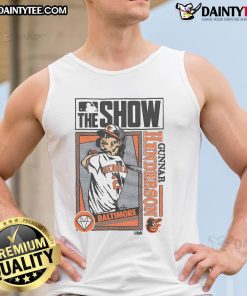 Gunnar Henderson in a stylish Orioles tank top, showcasing MLB The Show merchandise for fans and gamers.