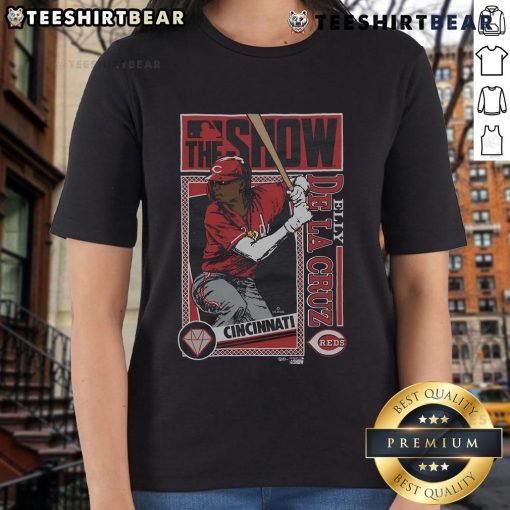 Good MLB The Show Reds Elly De La Cruz ladies tee featuring vibrant graphics and a stylish fit for baseball fans.