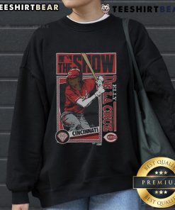 Elly De La Cruz sweatshirt featuring Cincinnati Reds logo from MLB The Show, perfect for baseball fans and gamers.