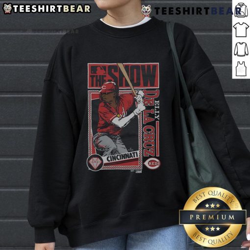 Elly De La Cruz sweatshirt featuring Cincinnati Reds logo from MLB The Show, perfect for baseball fans and gamers.
