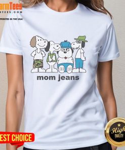 Good Mom Jeans Snoopy and Friends Peanuts ladies tee featuring vibrant graphics of beloved characters in a stylish design.