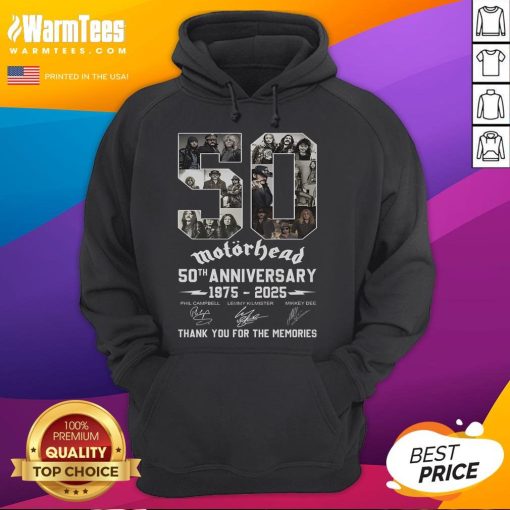 Good Motorhead 50th Anniversary 1975-2025 hoodie celebrating rock music history and fan appreciation.