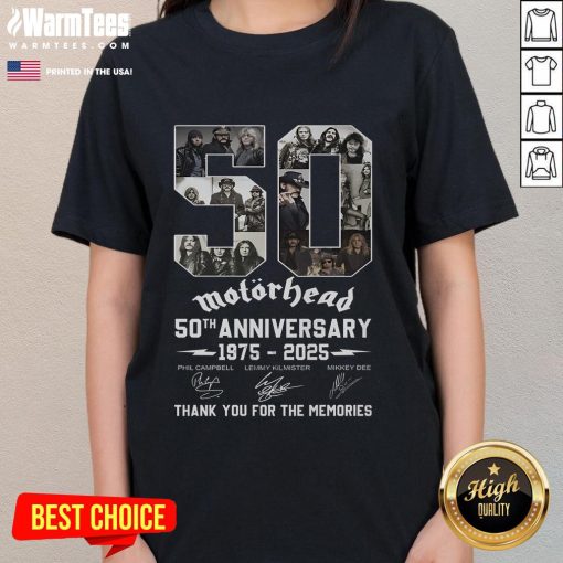 Good Motorhead 50th Anniversary 1975-2025 Ladies Tee celebrating classic rock with a heartfelt 'Thank You For The Memories' design.