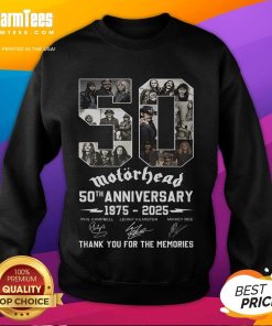 Alt Text: Good Motorhead 50th Anniversary 1975-2025 sweatshirt celebrating the band's legacy and memories with fans.